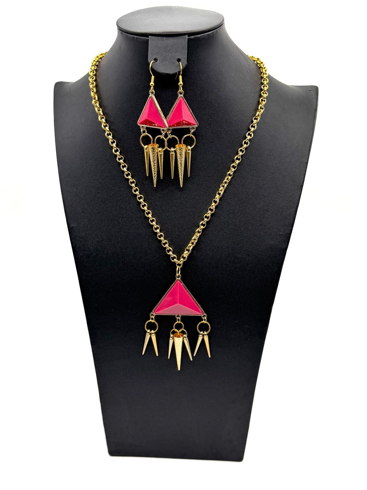 Hot Pink Geometric Pyramid & Spikes Necklace  Earrings Set - Original Re-design