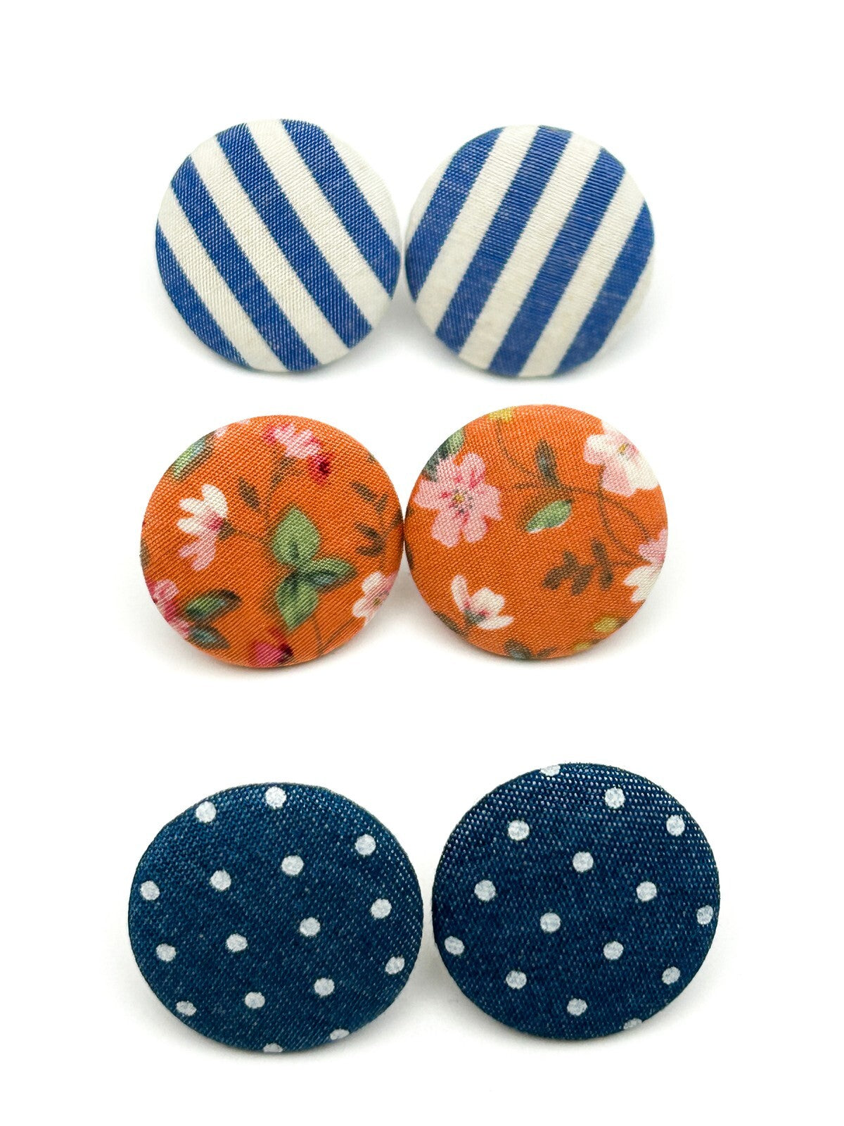 Set of 3 Fabric Stud Earrings Floral Stripe Polka Dot Button Earrings 2.5cm