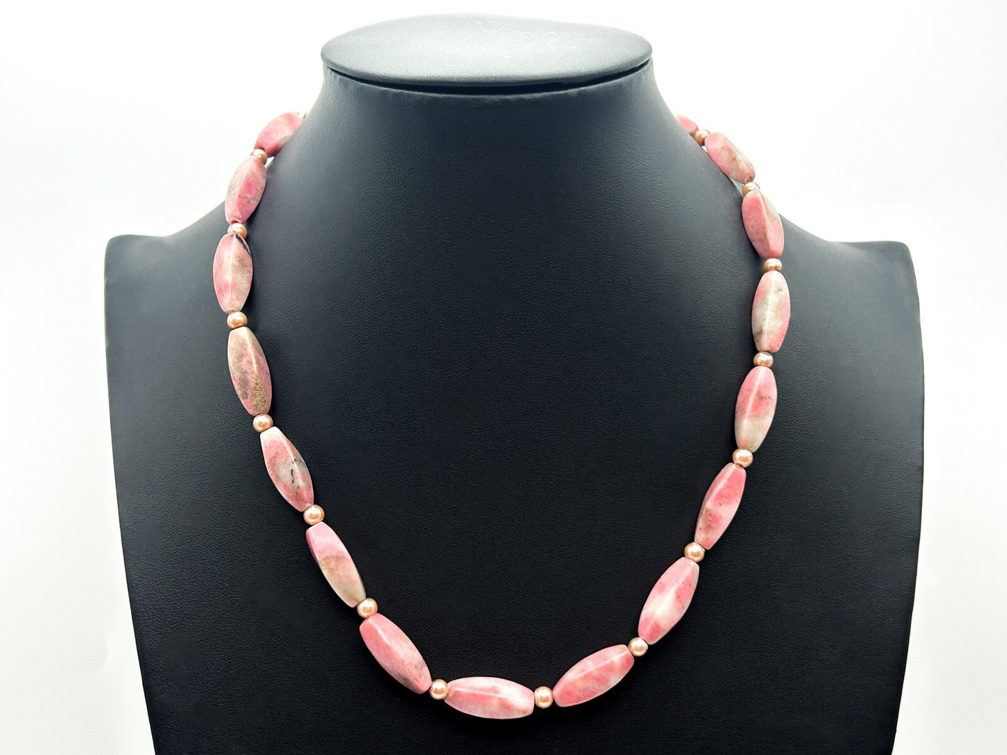 Rhodonite Gemstone Beaded Necklace Pink Oval Beads Faux Pearl Spacers 18”