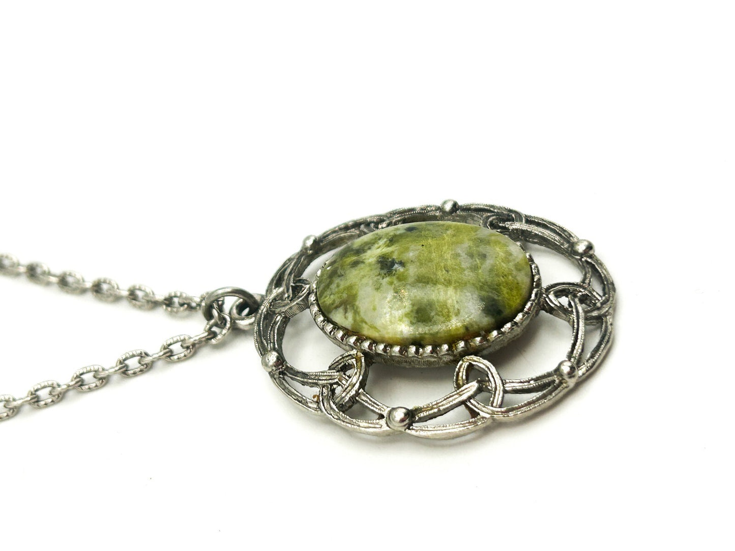 Vintage Silver Tone Openwork Pendant Necklace with Serpentine Cabochon