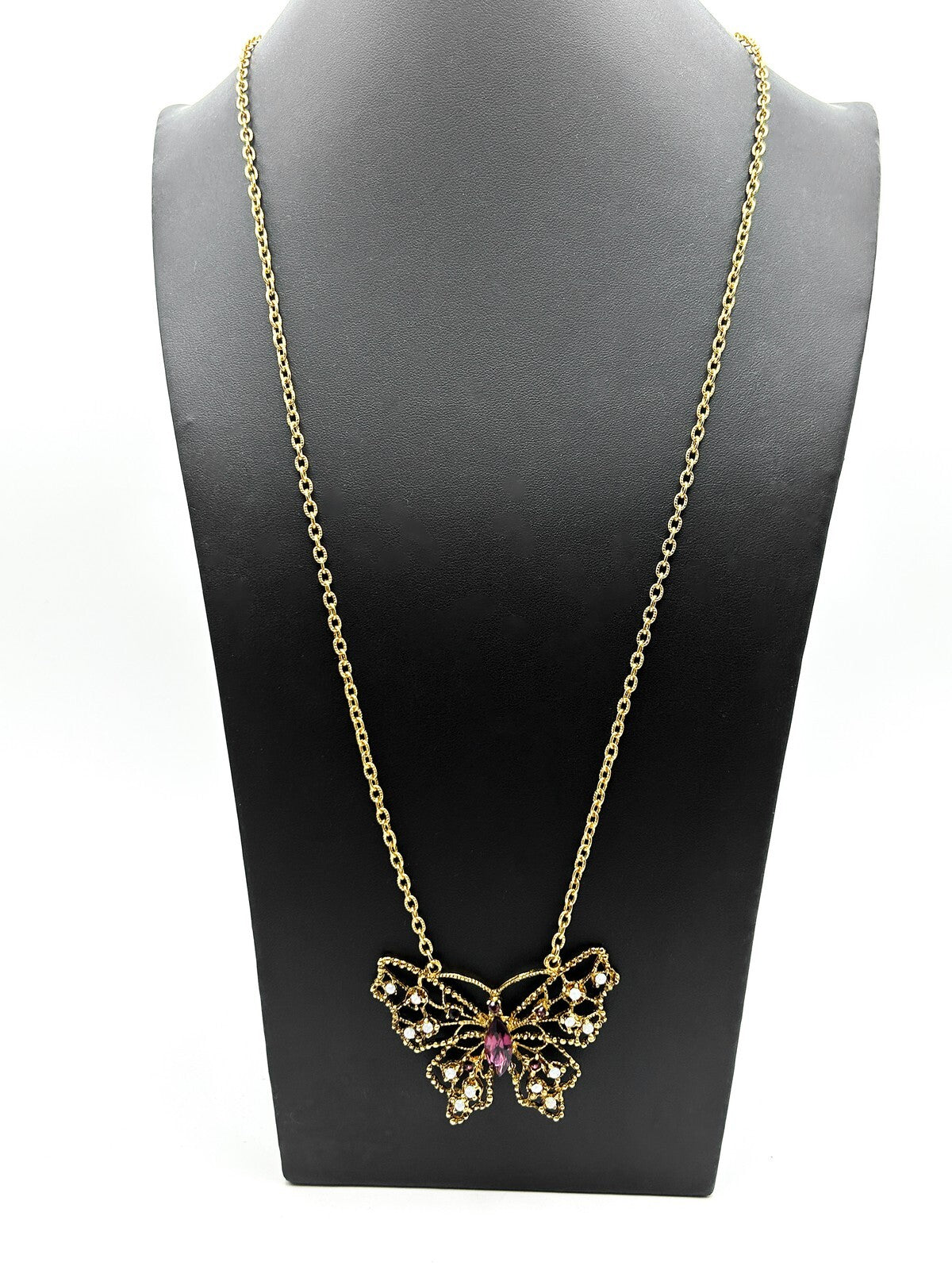 Signed Hollywood Gold Tone Openwork Butterfly Rhinestone Necklace