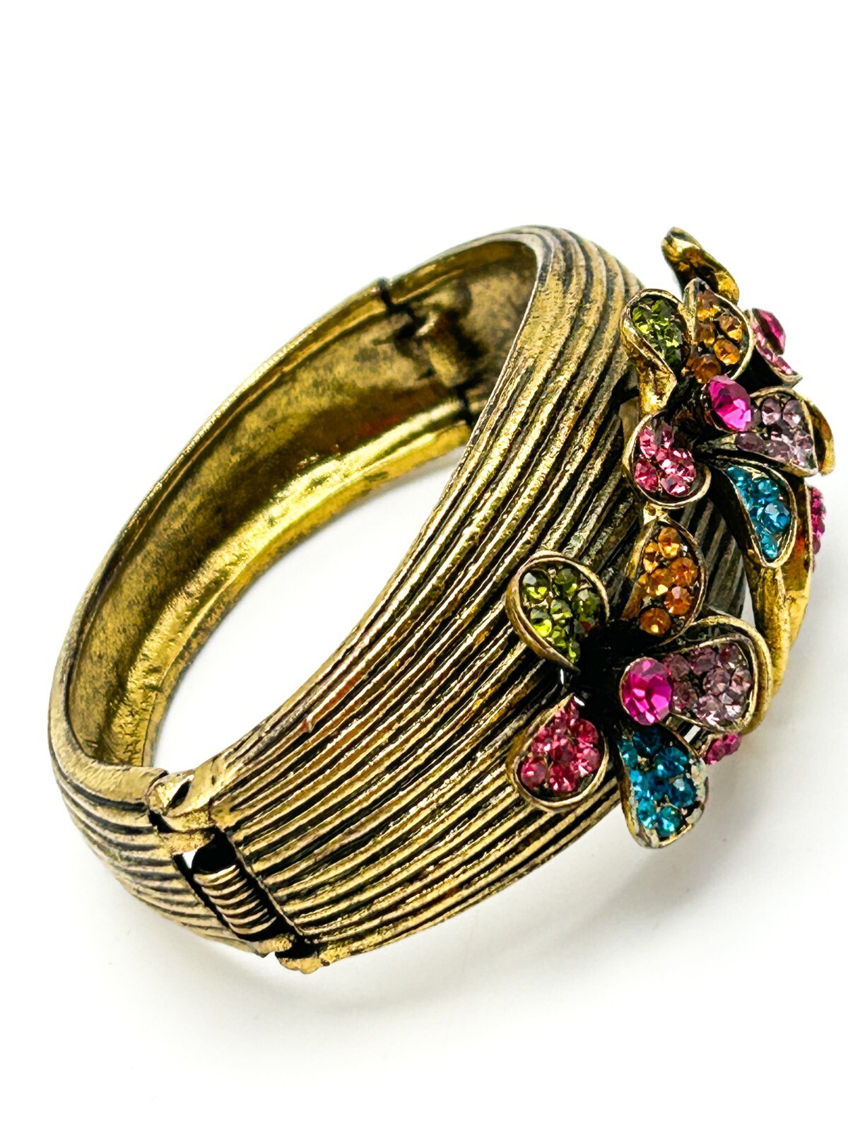 Antique Gold Tone Rhinestone Flower Clamper Bangle Pink Blue Green Bold Floral