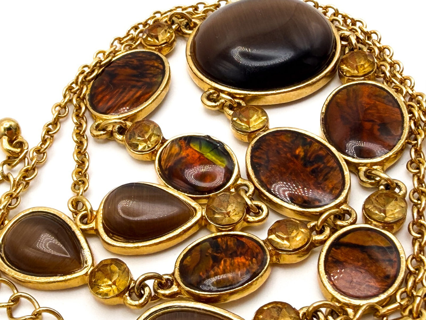 Gold Tone Y-Drop Necklace with Brown Cat’s Eye & Iridescent Orange Cabochons