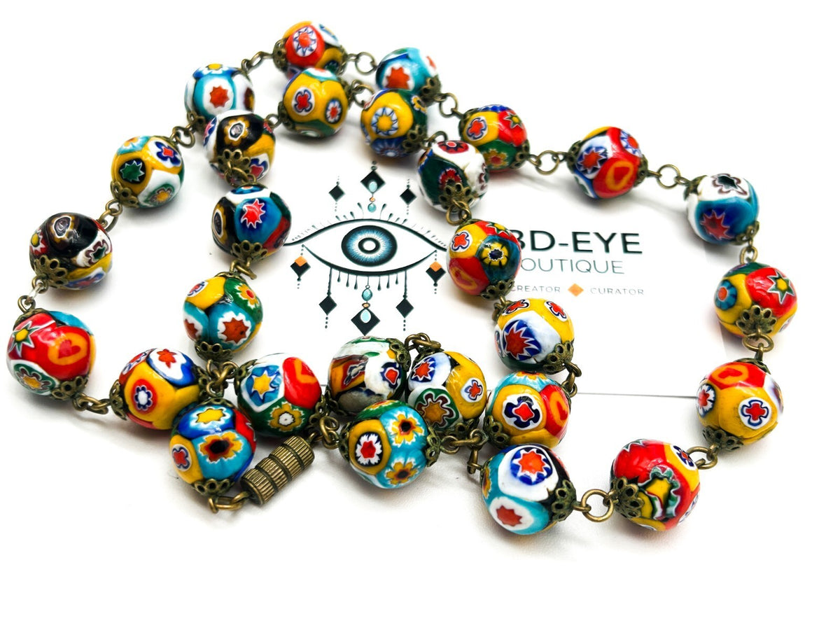 Vintage Murano Glass Millefiori Flower Multicoloured Necklace Floral Venetian
