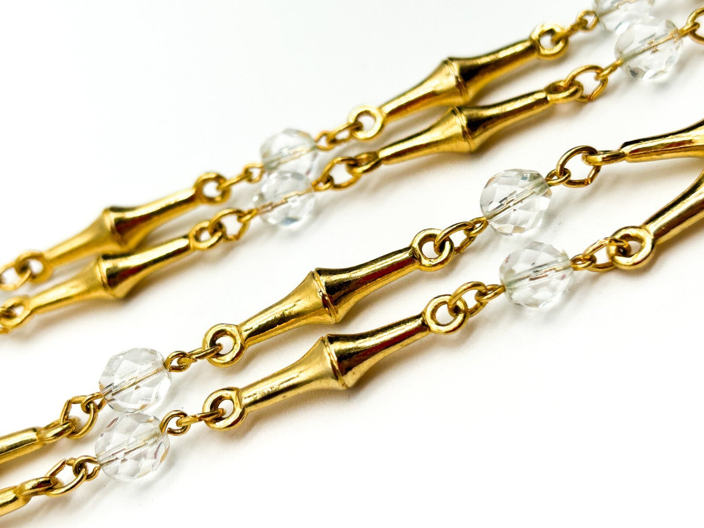 Vintage Gold Tone Bamboo Link Necklace Clear Faceted Glass Beads Retro