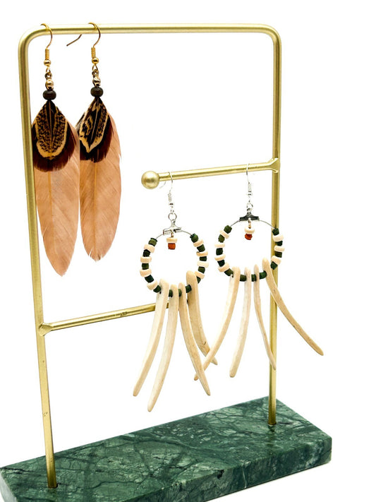 BD-Eye Original Boho Feather & Wood Earring Pair Festival Beach Natural Dangle