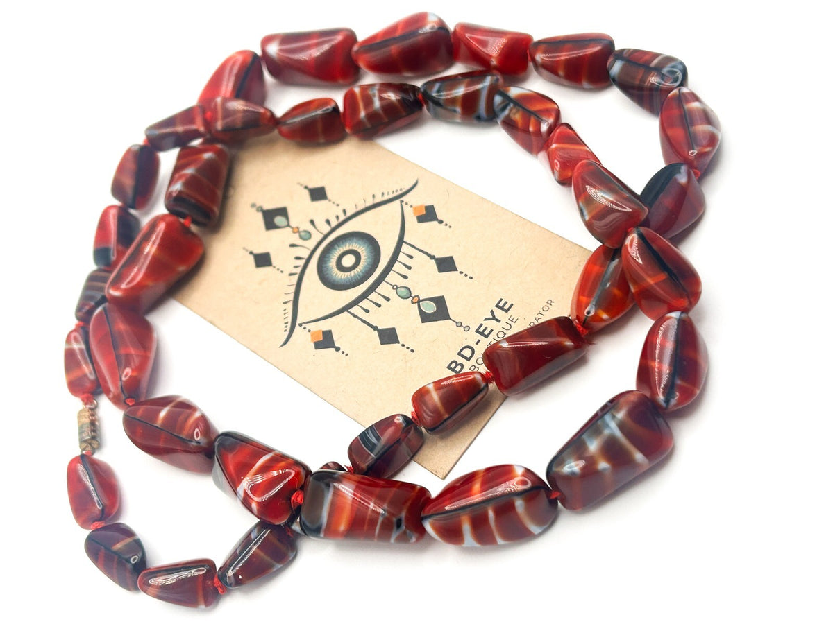 Vintage MCM Red Bohemian Czech Art Glass Necklace - Boho