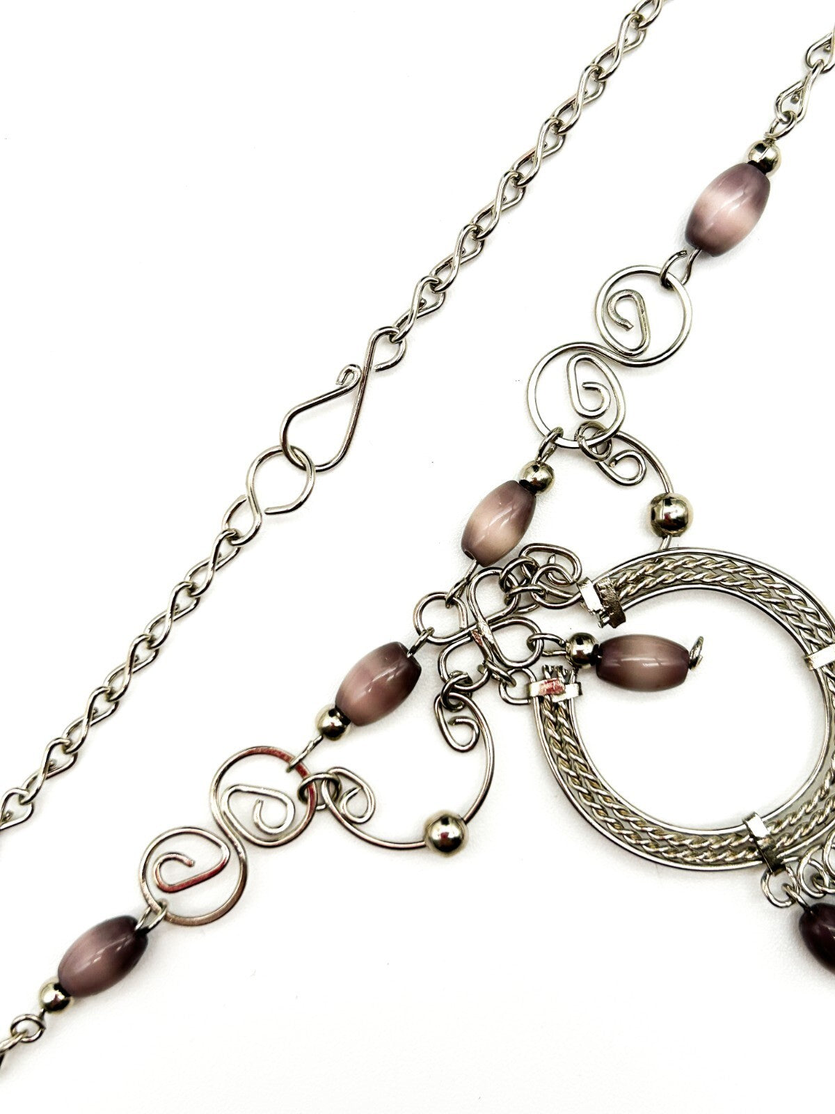 Peruvian Alpaca Necklace Earrings Set Mauve Glass Fringe Boho Chandelier Dainty