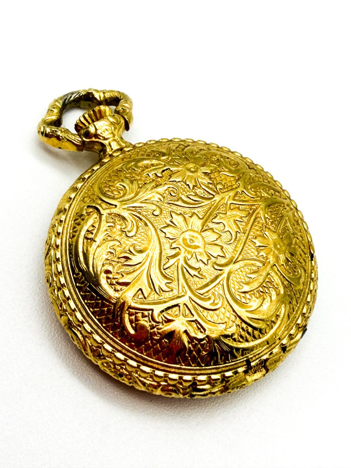 W&S Gold Tone Engraved Hunter-Style Pocket Watch Pendant Charm
