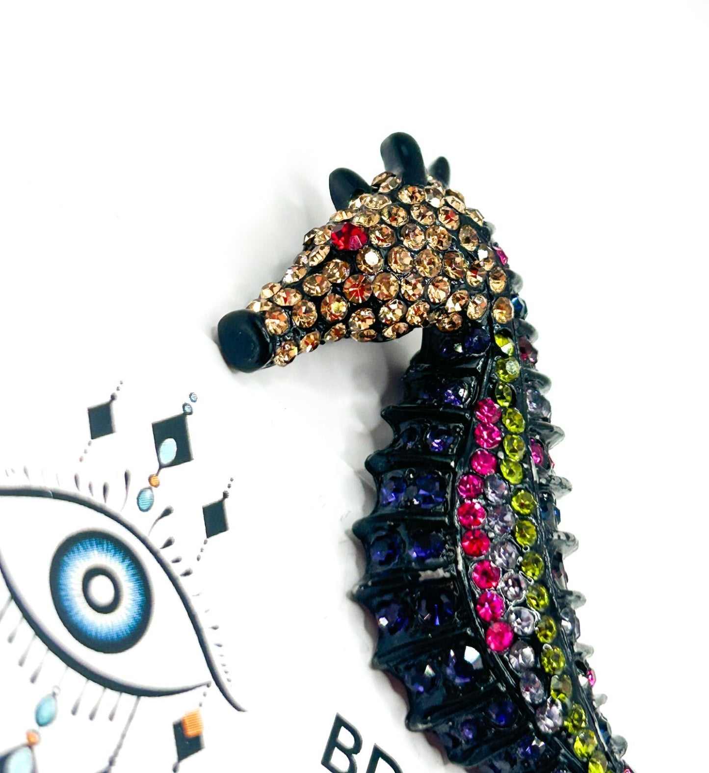 Large Rhinestone Seahorse Brooch Multicolour Figural Pendant 8.5 cm