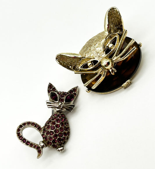Vintage Purple Rhinestone Cat & Gold Tone Cat Head Brooches Figural Pin