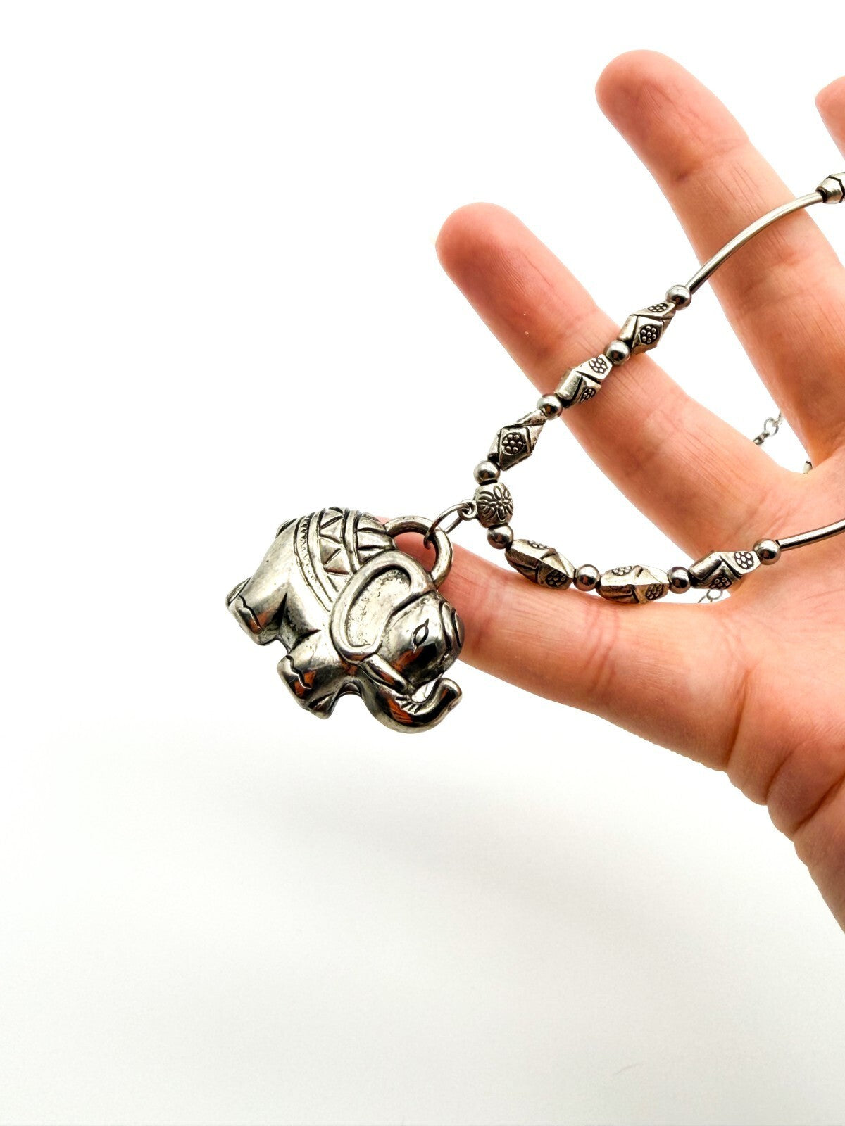 Elephant Pendant Necklace Silver Tone Beaded Tribal Boho Style Animal Charm Cute