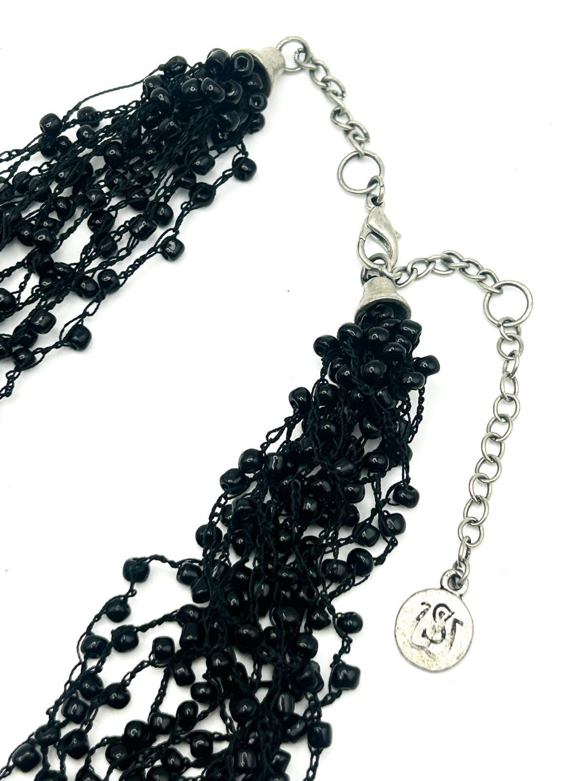 Black Multi Strand Beaded Tassel Necklace Statement Signed WS 25”