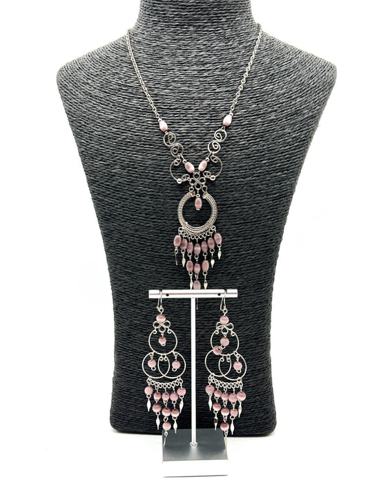 Peruvian Alpaca Necklace Earrings Set Mauve Glass Fringe Boho Chandelier Dainty