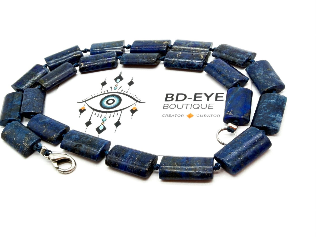 Lapis Lazuli Rectangular Bead Necklace Hand Knotted Blue Stone 19” Gemstone