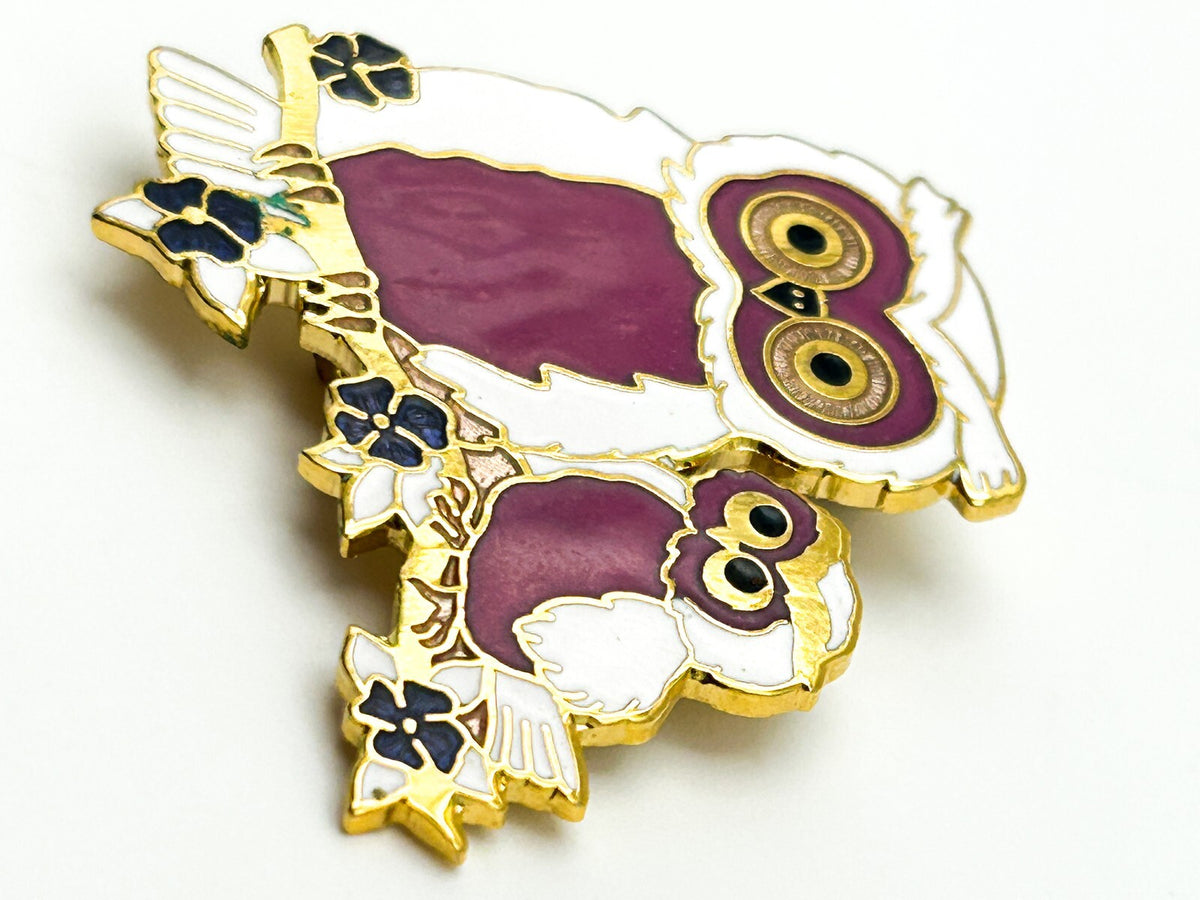 Vintage Fish & Crown Cloisonné Gold tone Enamel Double Owl Brooch