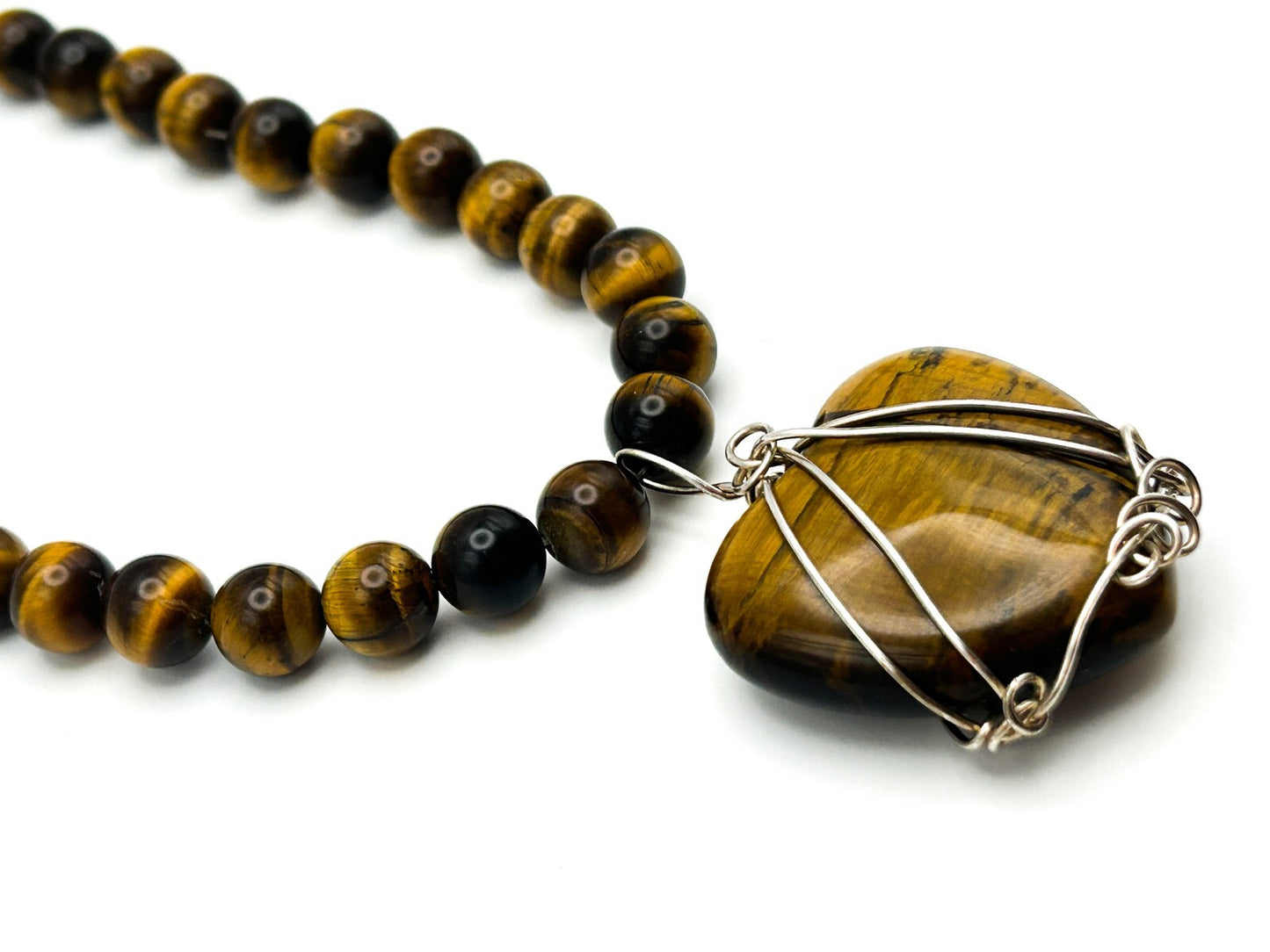 Tiger Eye Beaded Necklace Heart Pendant 925 Silver Clasp Wire Wrapped 17.5”