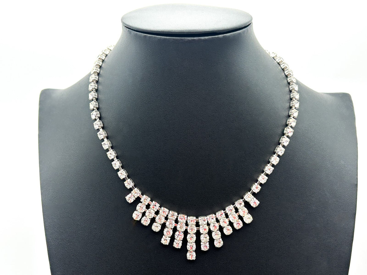 Vintage Rhinestone Fringe Necklace Silver Tone Waterfall Drop Bridal Sparkle