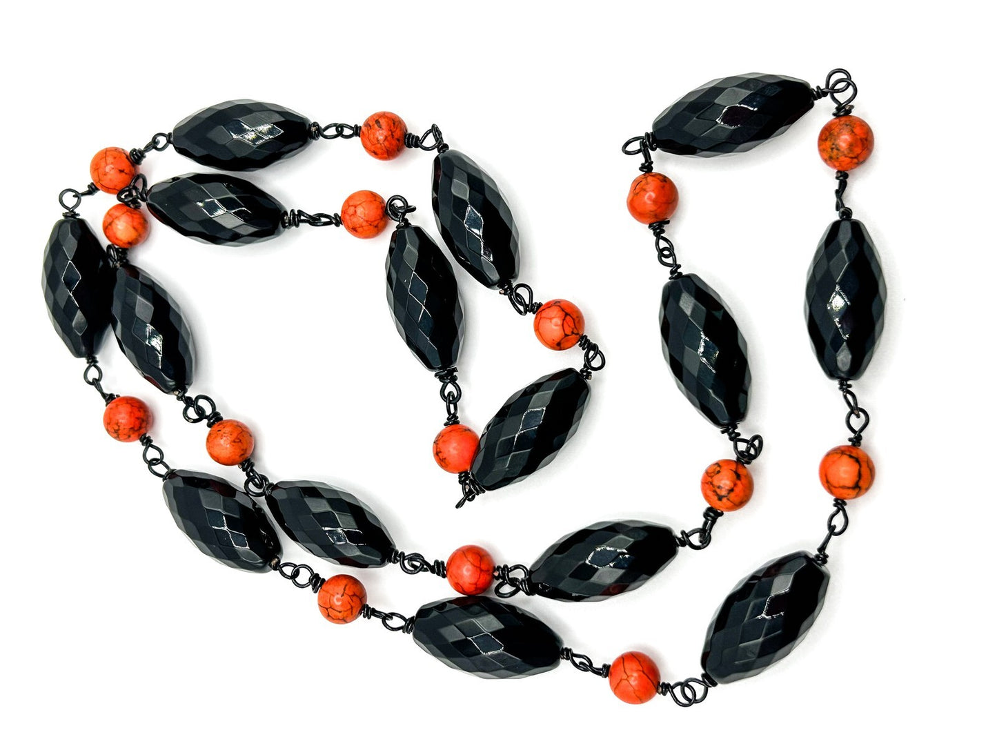 Faceted Onyx and Dyed Orange Stone Beaded Gemstone Semi Precious Necklace Boho