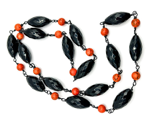 Faceted Onyx and Dyed Orange Stone Beaded Gemstone Semi Precious Necklace Boho