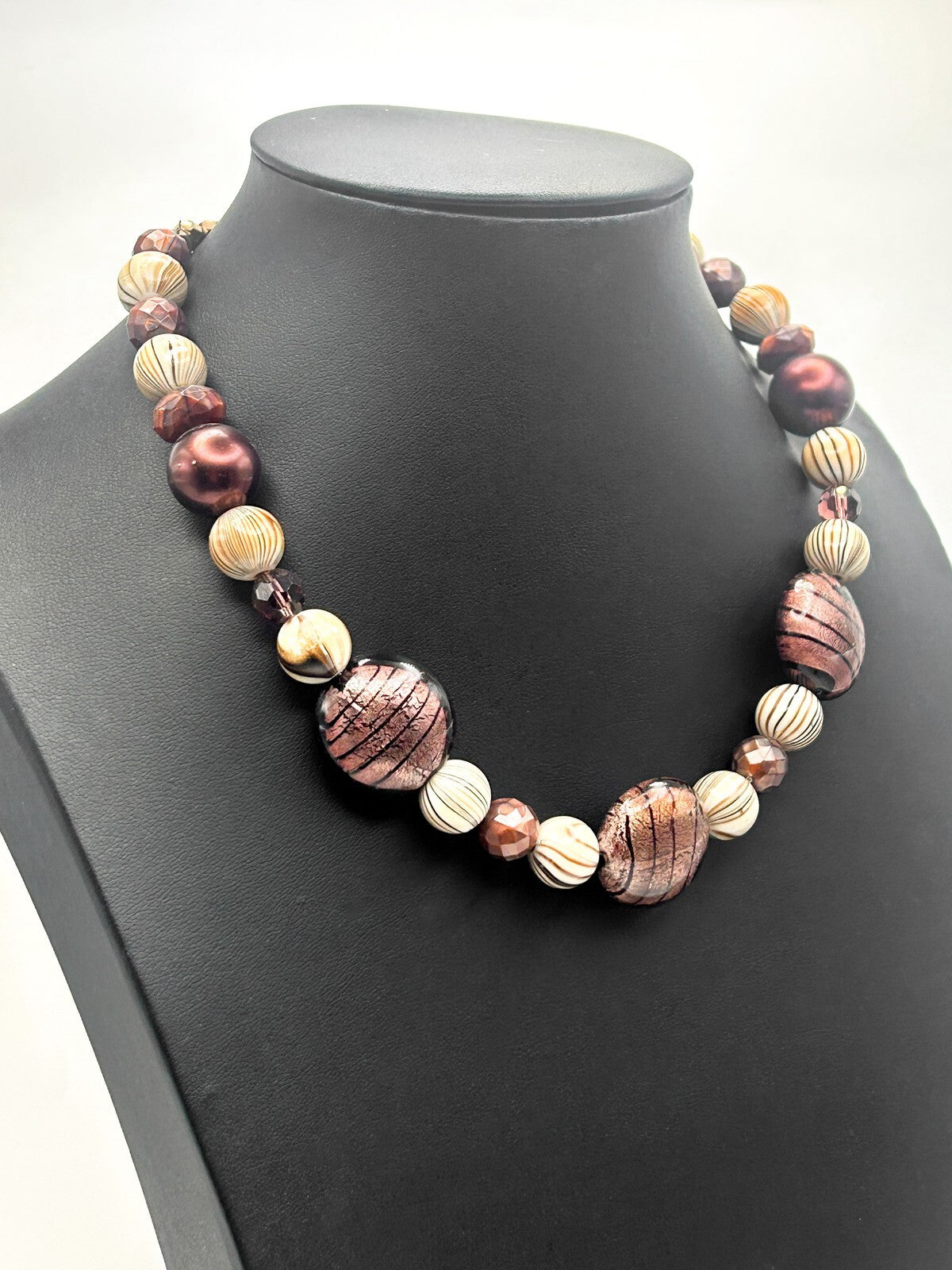 Purple Mauve Foil Art Glass & Agate-Effect Disc Bead Necklace – 16.5”