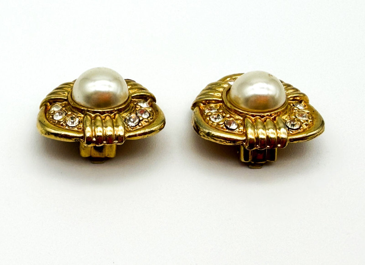 Vintage Gold Tone Faux Pearl Rhinestone Clip On Earrings Statement 1980s Retro