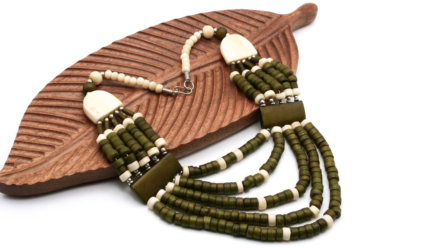 Vintage Boho Layered Bead Necklace - Green Cream Khaki Statement