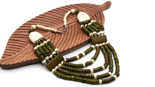 Vintage Boho Layered Bead Necklace - Green Cream Khaki Statement
