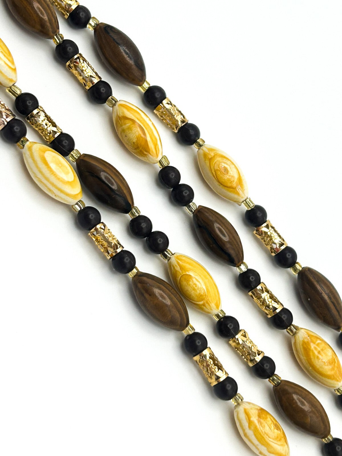 Vintage 70s Brown & Yellow Swirl and Gold Tone Openwork Tube Bead Long Necklace