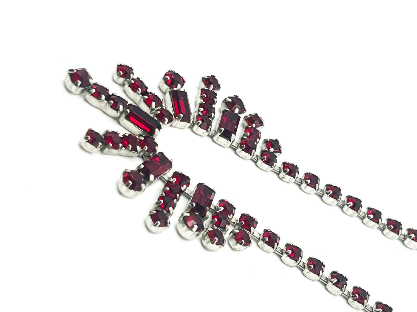 Vintage Red Rhinestone Fringe Statement Necklace Baguette Drop 14.5”