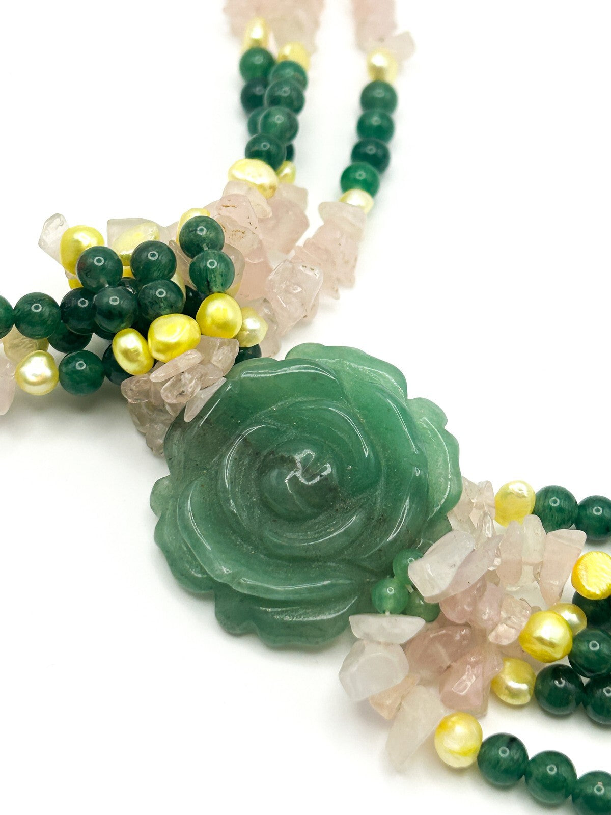 Jade, Rose Quartz, Pearl Triple Strand Statement Necklace Carved Rose Pendant