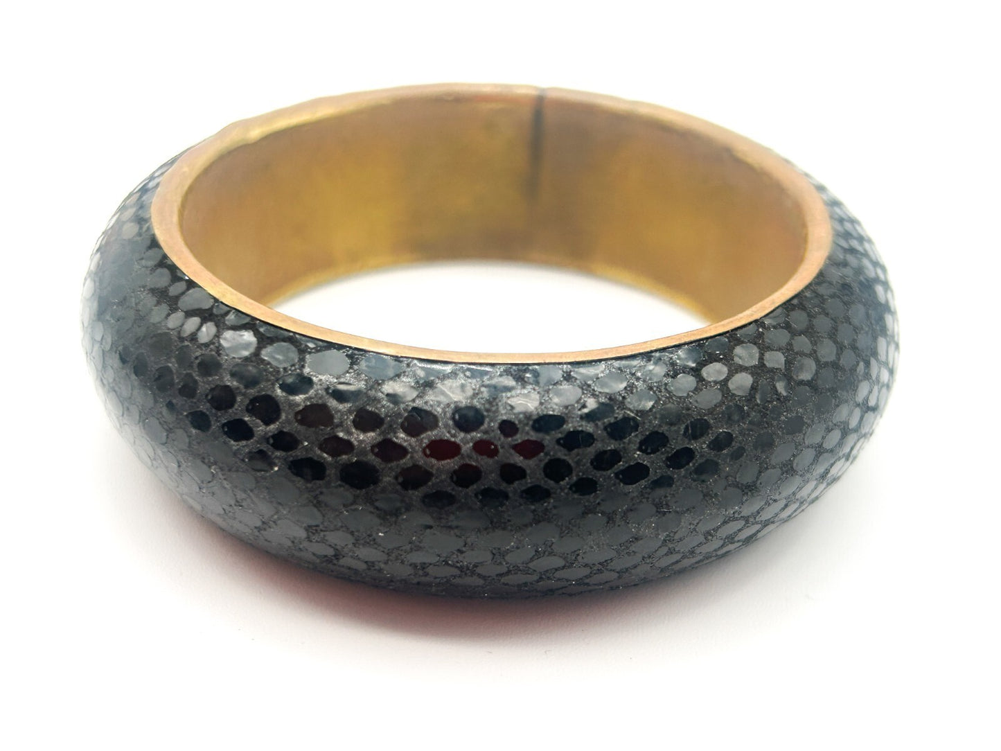 Vintage Black Bracelet Textured Faux Snakeskin Bangle Gold Tone Brass Interior