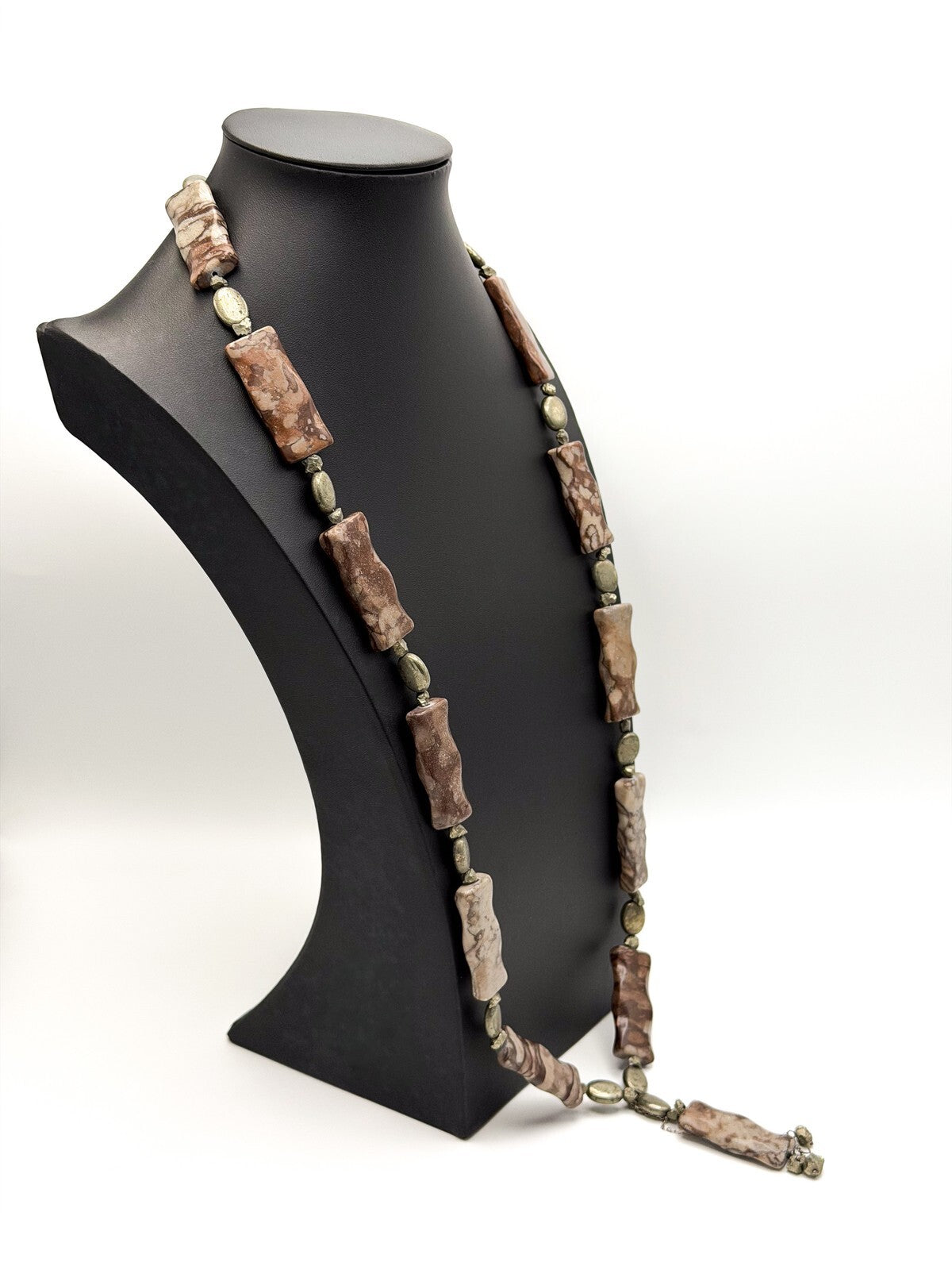 Chunky Carved Jasper Necklace Semi Precious Pyrite & Hematite - Gemstone Boho