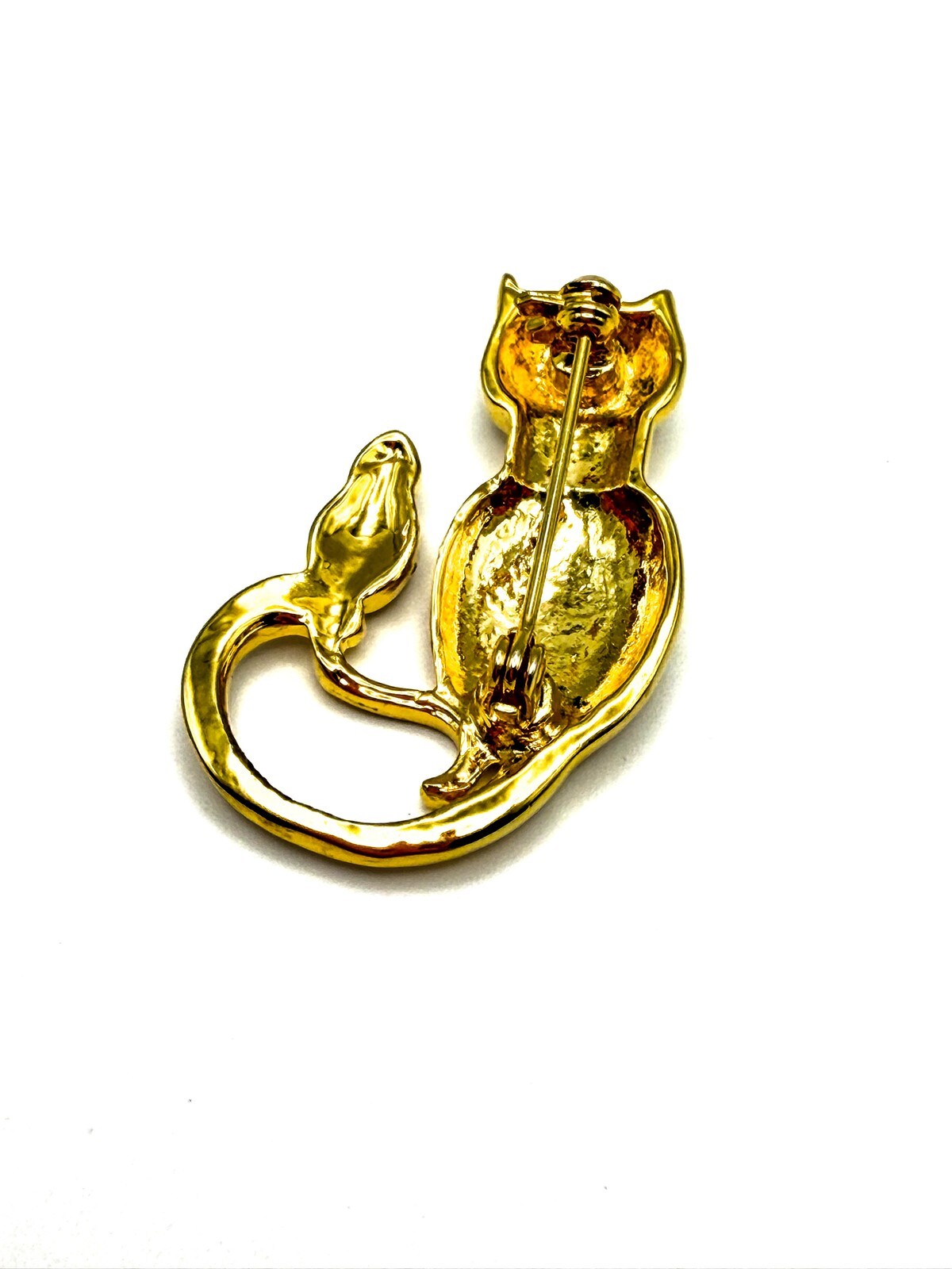 Cat & Bird Sitting Together Vintage Gold Tone Brooch With Rhinestone Sparkles