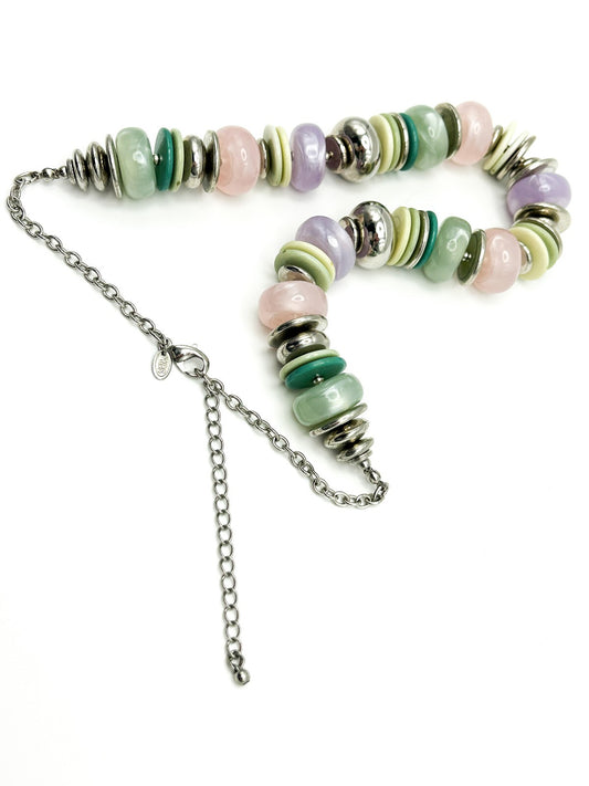 Vintage 90s-Y2K M&S Pastel Disc Bead Necklace with Silver Tone Spacers