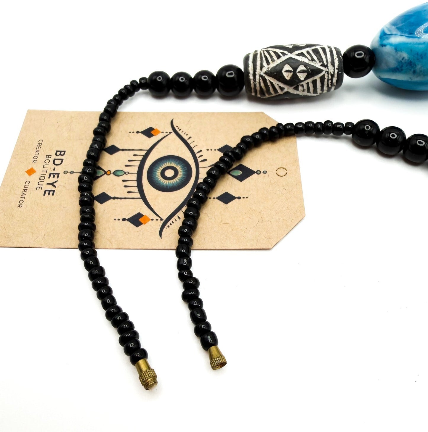 Chunky Vintage Carved Clay and Blue Marble-effect Swirl Beaded Necklace - 20"