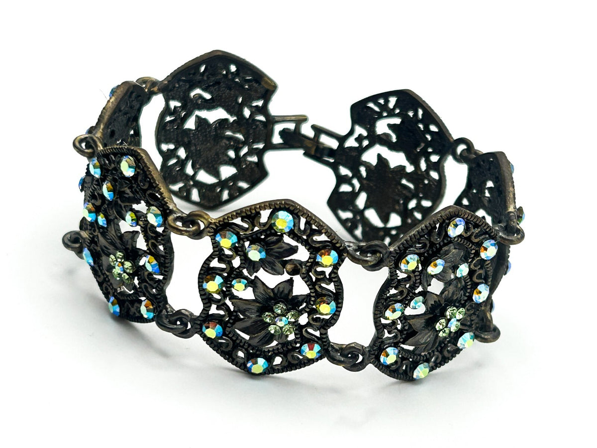 Vintage Filigree Panel Bracelet AB Rhinestone Floral Articulated 17cm