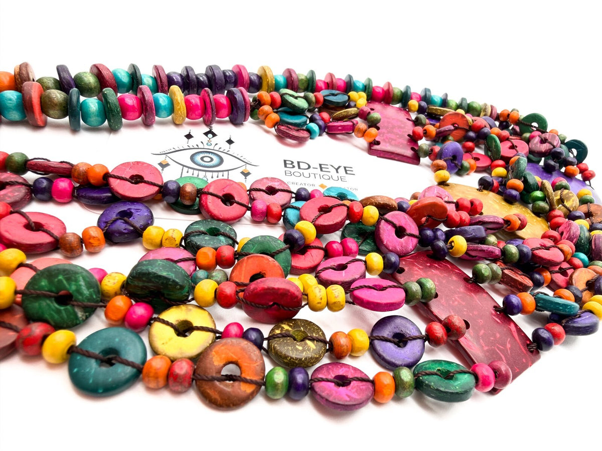 Boho Multicolour Shell Necklace 4 Strand Layered Festival Statement Overhead