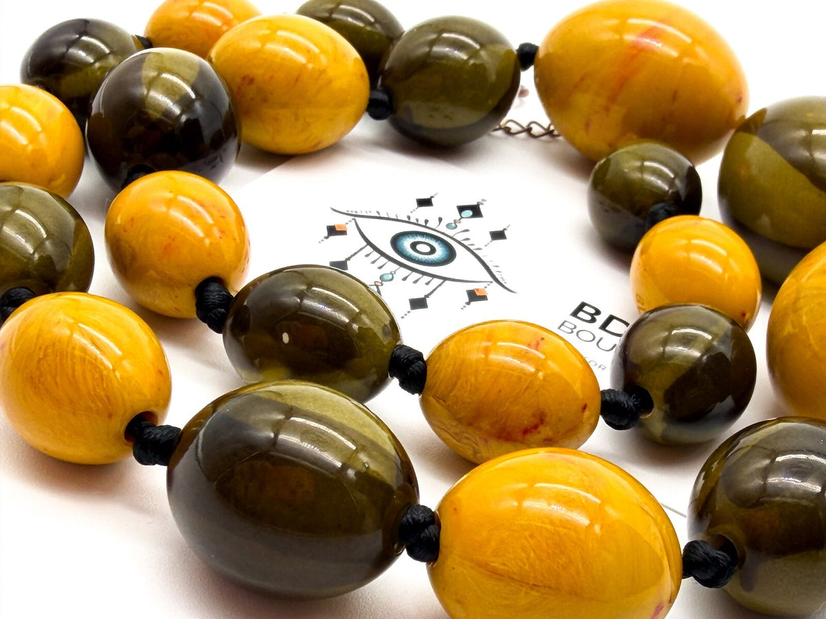 Chunky Statement Necklace Olive Green Mustard Acrylic Beads Graduated 25”