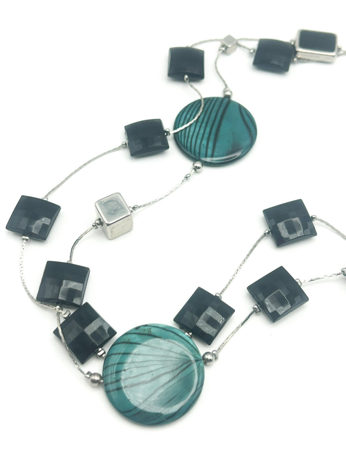 Vintage M&S Teal  Black Disc and Black and Silver Tone 2-layer Cube Necklace
