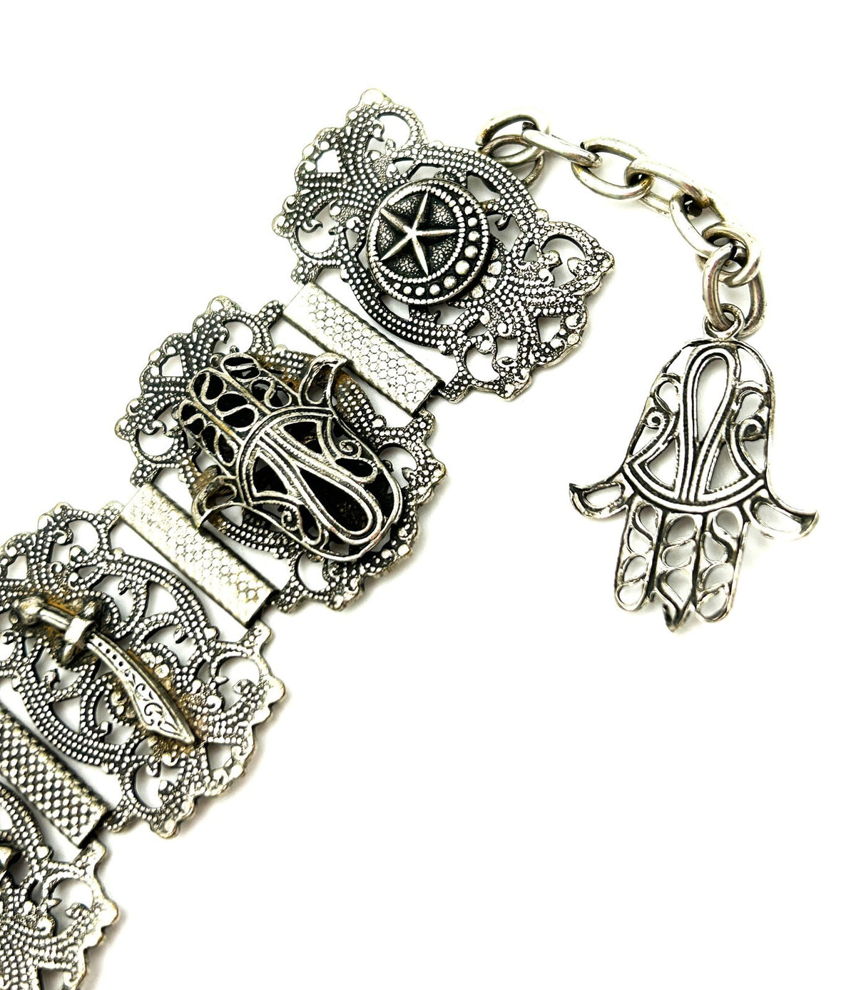 Moroccan Souvenir Silver Tone Filigree Panel Bracelet Elephant Hamsa 8.5”