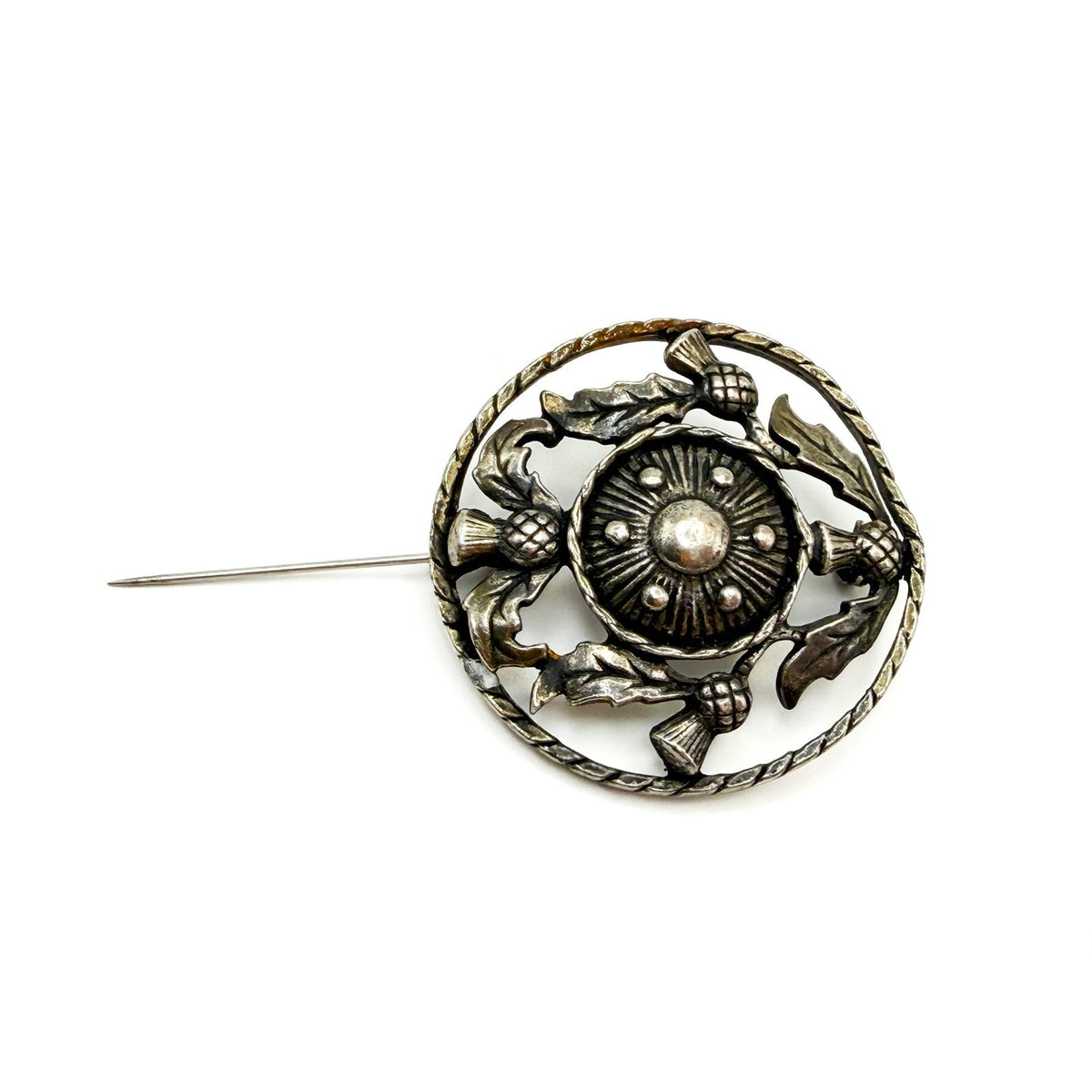 Vintage Scottish Thistle Brooch – Pewter Silver Tone Flower Round Brooch Pin