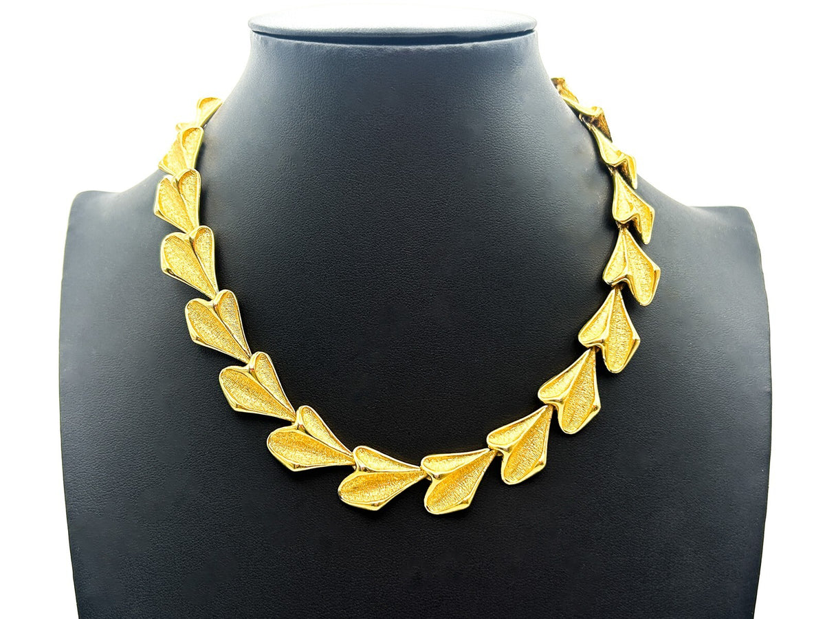 Gold Tone Laurel Leaf Link Necklace & Bracelet Set – Articulated Brushed Finish