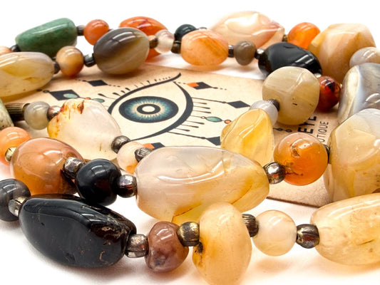 Mixed Gemstone Nugget Necklace Citrine Carnelian Agate Jade Onyx 26” - Boho
