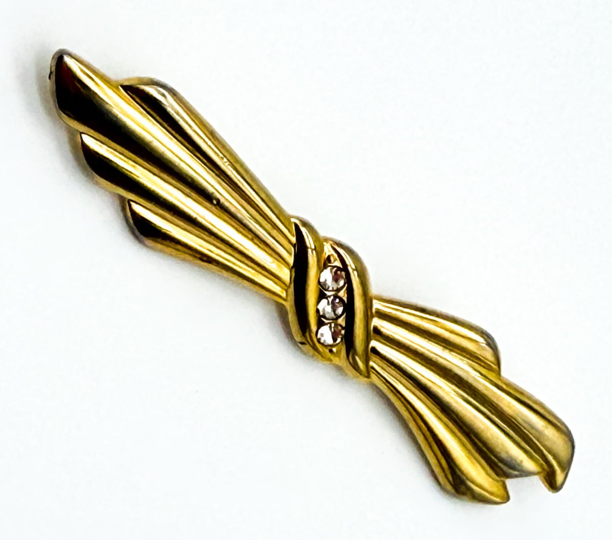 Vintage Gold Tone Bow Brooch Clear Rhinestone Diamante Ribbon Pin Retro 6cm