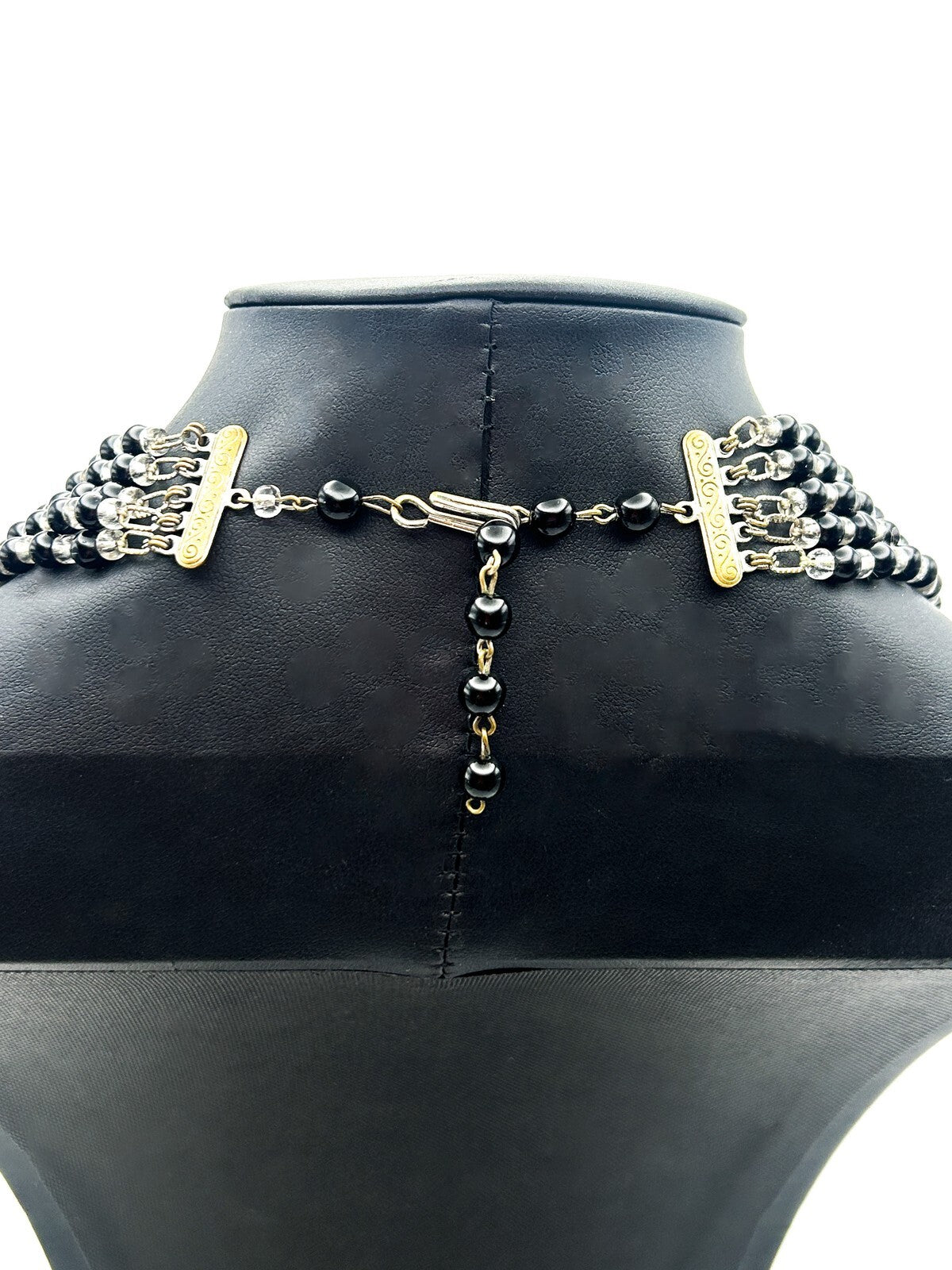 Vintage 5 Strand Black & Clear Glass Beaded Statement Necklace Heavy Layered