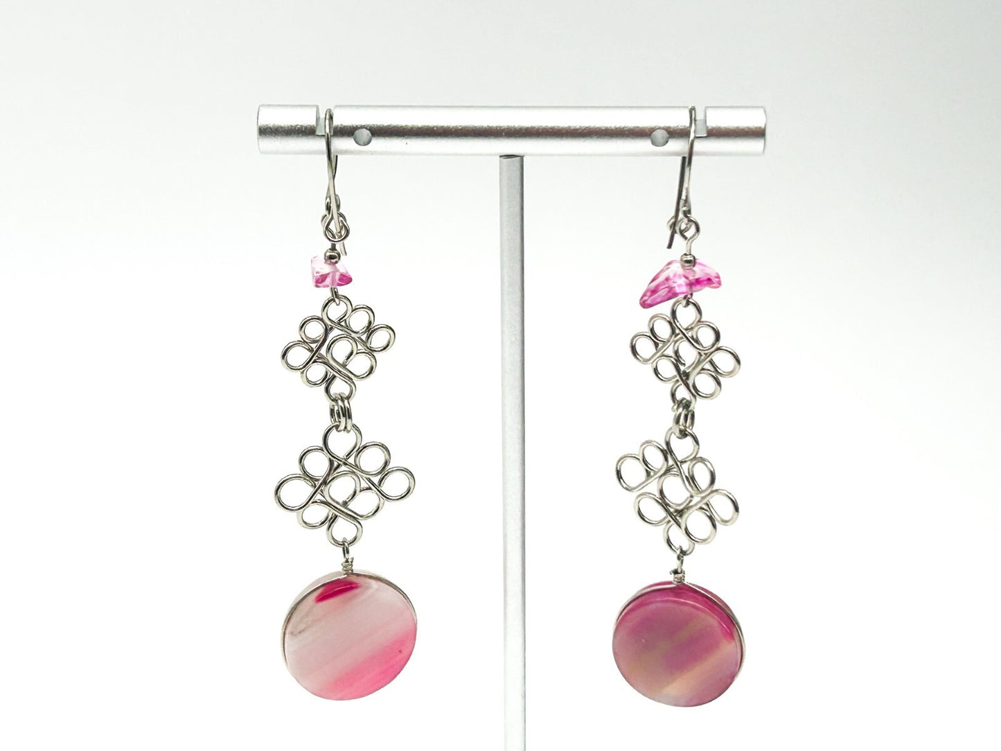 Peruvian Alpaca Necklace Earrings Set Pink Agate Chainmail Fringe Boho Statement
