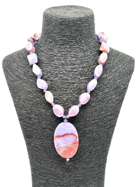 Banded Agate Pendant Necklace Violet Purple 925 Sterling Silver Toggle 18” Boho