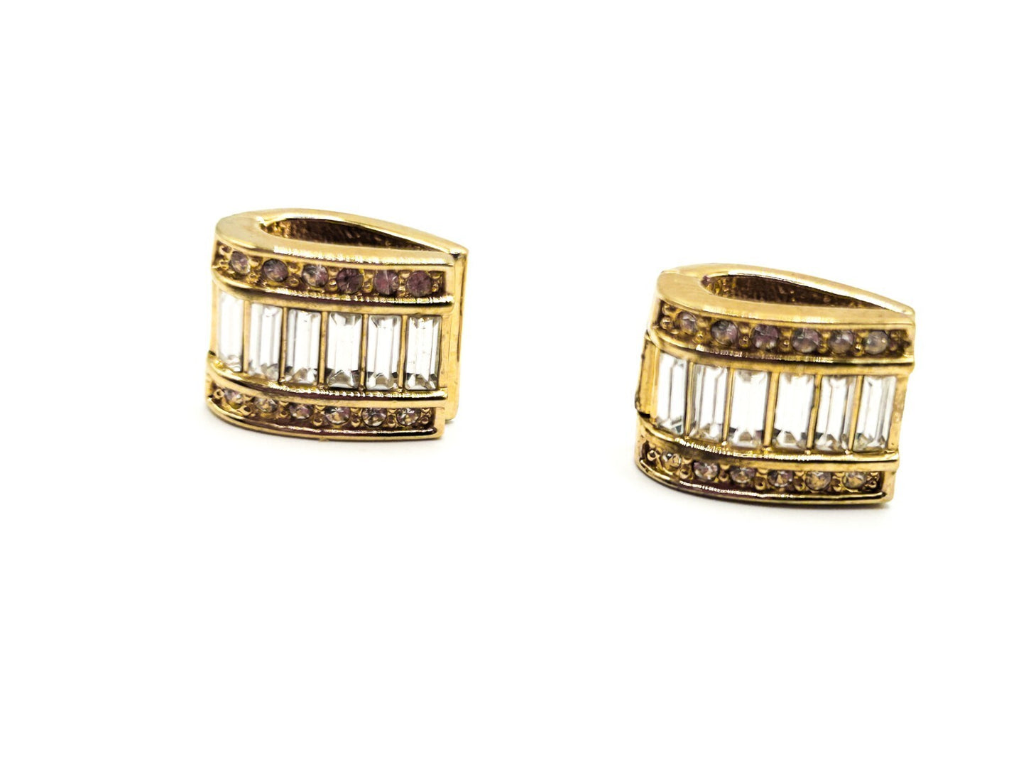 Vintage Monet Gold Tone Baguette Rhinestone Magnetic Earrings Original Card