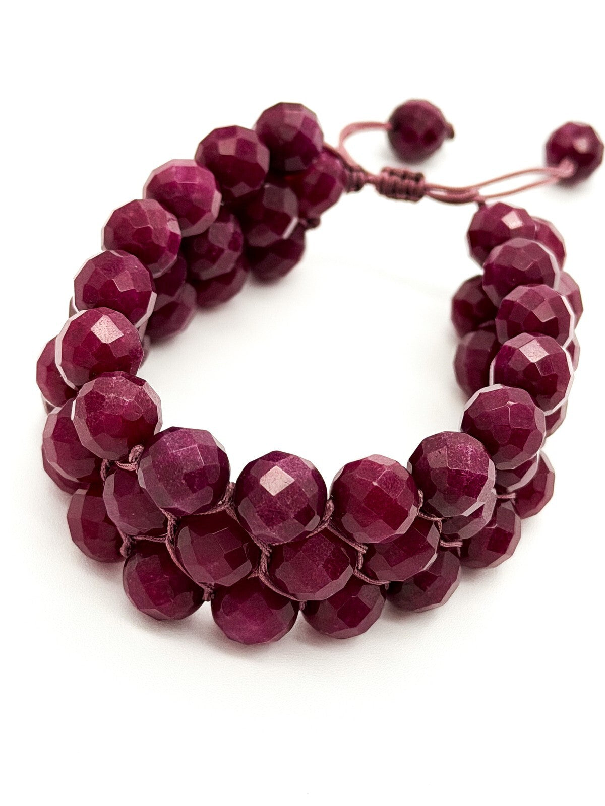 Faceted Jade Bracelet Mauve Beaded Macrame Adjustable Cuff Multi Row Woven